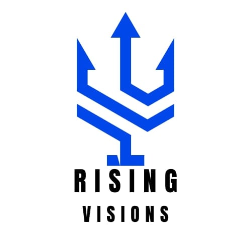 Rising Visions logo featuring a blue upward-pointing trident with chevron design and text below
